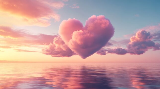 Beautiful heart shaped cloud glowing over calm sea with pastel sunset sky and gentle water reflections creating romantic dreamy background for love message Valentine card wedding mood peaceful escape