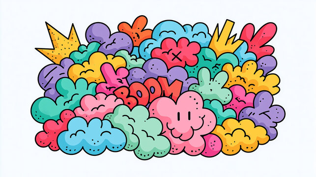 A colorful group of cute doodle clouds and shapes with a central boom text element in a vibrant hand drawn artistic style on a white background