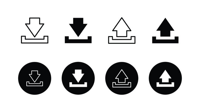 Download and Upload Arrow Icons Set, Black and White File Transfer Symbols, Minimal Linear and Filled Download Upload Buttons for Web, App, UI, Interface and Digital Technology