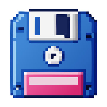 Retro pixel art floppy disk icon vintage 90s tech data storage device symbol for computer game interface design