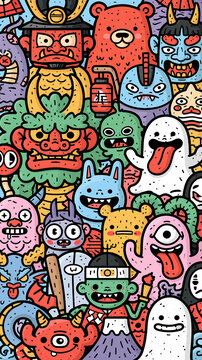 A colorful pattern illustration featuring a collection of cute monsters and Japanese folklore creatures arranged in a whimsical doodle style design
