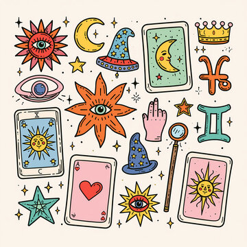 A collection of colorful mystical and esoteric symbols including tarot cards zodiac signs and magical elements drawn in a fun hand drawn doodle style