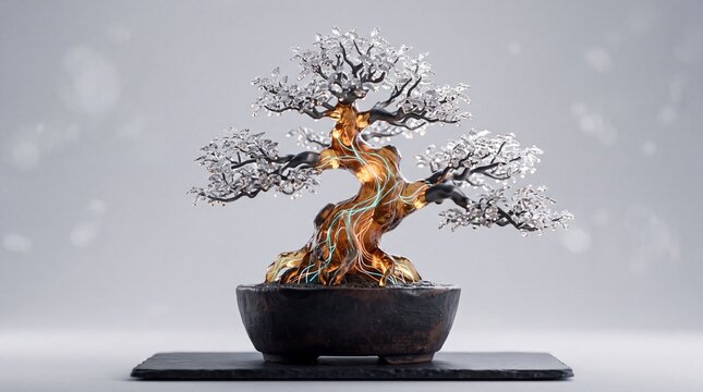 Bonsai tree sculpture made of crystal leaves and amber resin trunk with glowing energy lines in a ceramic ppo