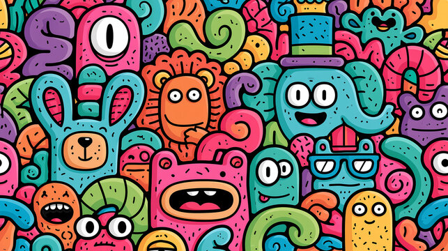A colorful pattern featuring a variety of cute cartoon monsters and funny creatures arranged in a dense artistic doodle style background
