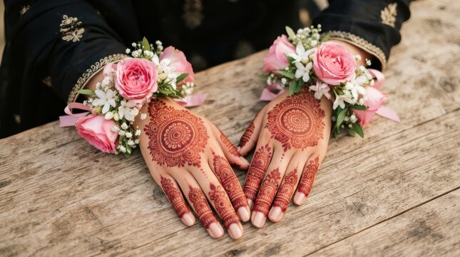 Closeup of hands with intricate henna designs and floral wrist corsages