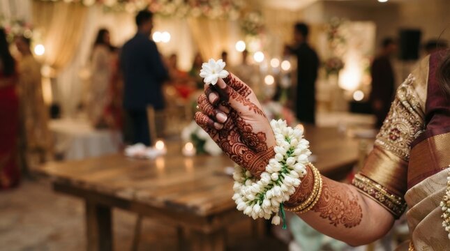 Hand with henna and jasmine flower bracelet holding a single white blossom