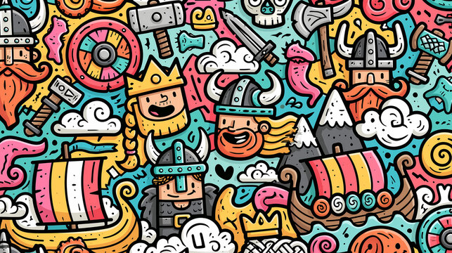 A colorful doodle pattern featuring cartoon vikings with helmets and traditional wooden ships surrounded by swords and shields on a bright background