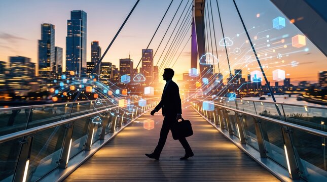 Silhouette of businessman walking on modern bridge with briefcase surrounded by glowing digital icons and cloud computing symbols, smart city at sunset, future technology