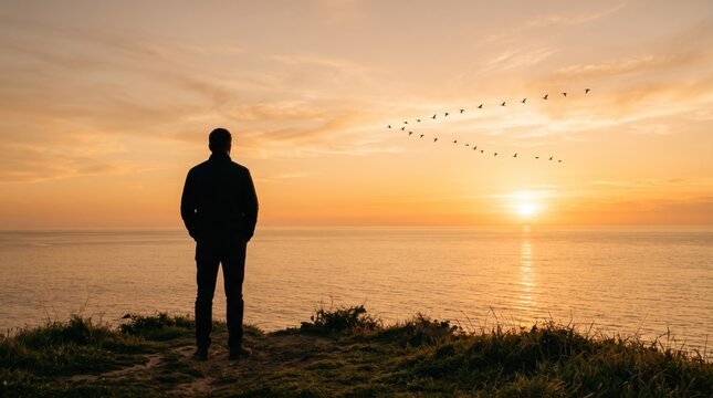 Silhouette of a man standing on a grassy cliff watching a flock of birds flying in formation over the calm ocean during a golden sunset, representing freedom, nature appreciation