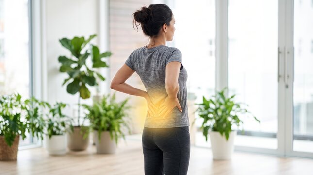 Woman holding lower back in pain, suffering from lumbar spine discomfort, highlighting health issues, chiropractic care needs, physical therapys, wellness lifestyle, indoor home