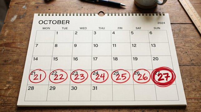 October 2024 Calendar Page with Dates Circled in Red on Wooden Desk