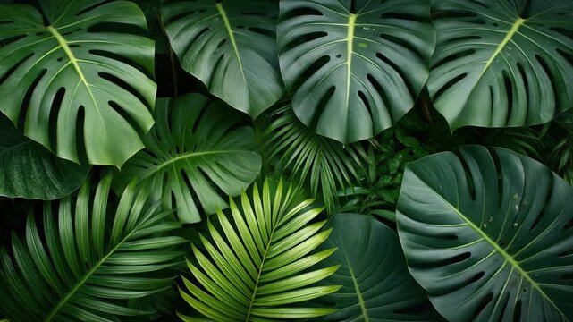 Lush Tropical Monstera Leaves Collage Pattern with Deep Green Natural Texture and Split Foliage