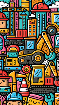 A colorful doodle illustration featuring construction equipment and buildings in a playful cartoon style representing a busy work site for building development