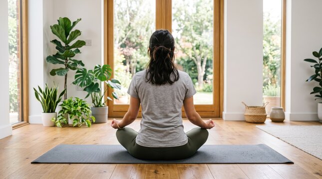 Rear view of woman sitting in lotus position meditating on yoga mat in bright living room with large windows and indoor plants, practicing mindfulness and relaxation exercises