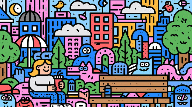 A happy person sits on a park bench in a colorful city landscape filled with whimsical cartoon buildings and cute creatures in a flat graphic art style