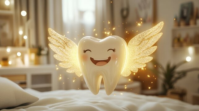 Adorable smiling tooth character with angel wings floating in bright dental clinic room with sparkling lights creating cute oral health scene for pediatric dentistry hygiene care and cheerful wellness