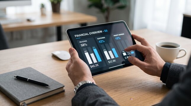 Businessman hands holding tablet computer displaying financial overview dashboard with revenue and expense bar charts, corporate data analysis and accounting report, modern office