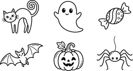 Obraz premium Cute Halloween Outline Icon Set with Cat Ghost Pumpkin and Bat