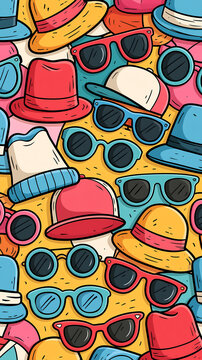 A colorful seamless pattern of various hats and sunglasses displayed in a fun doodle style illustration for summer fashion designs