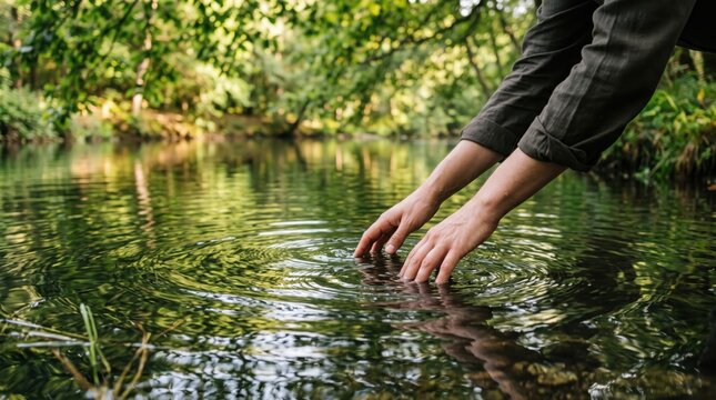 Close up of human hands gently touching clear flowing river water surface creating ripples, connection with nature, purity and freshness, outdoor lifestyle activity