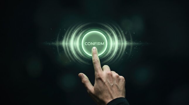 Male finger pressing glowing green confirm button on dark futuristic touch screen interface, approval and verification, digital security authentication, user experience design