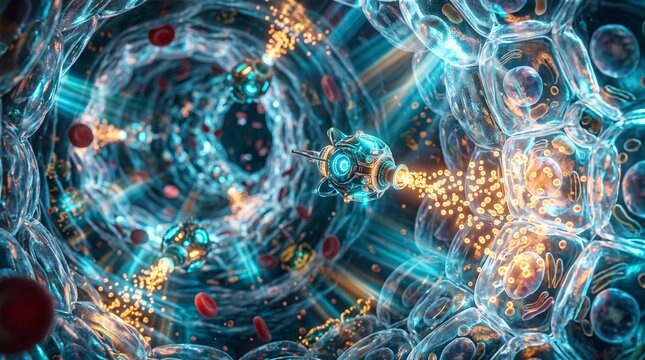Futuristic medical nanobots releasing medicine particles inside a human blood vessel surrounded by glowing cells