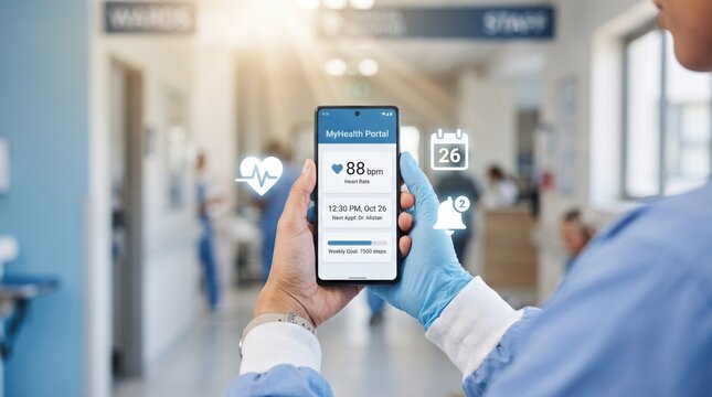 Doctor holding smartphone with health monitoring app in hospital corridor, digital healthcare technology, medical professional checking patient vitals and heart rate data