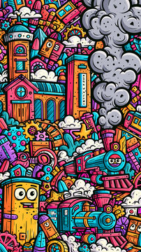 A colorful doodle illustration featuring a busy city scene with a steam train and whimsical characters in a vibrant cartoon style