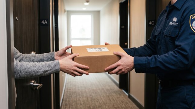 Delivery man in uniform handing cardboard box package to customer in apartment hallway, logistics service, e-commerce shipping, parcel delivery, fragile label visible