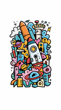 A colorful hand drawn doodle illustration featuring a space rocket launching into the sky surrounded by various planets and stars in a fun artistic style