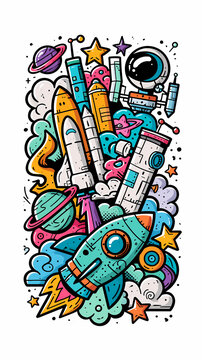 A colorful doodle illustration featuring various space rockets and planets floating in the galaxy to represent space exploration and adventure in a fun cartoon style