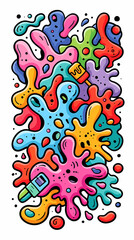 Fototapeta premium A vibrant collection of colorful paint splatters and artistic shapes arranged in a playful doodle style composition on a clean white background