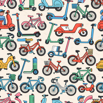 Seamless pattern featuring colorful hand drawn bicycles and electric scooters for urban transportation and eco friendly travel concepts on a light background