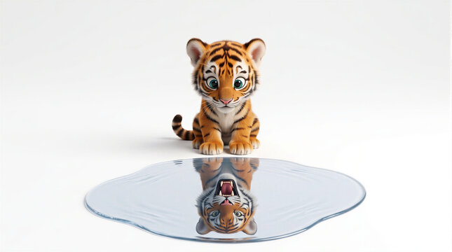 Cute baby tiger cub looking down at water puddle seeing fierce roaring adult tiger reflection conceptualizing potential and inner strength isolated on white background