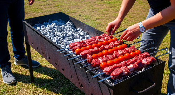 Raw meat and tomato skewers being placed on a charcoal grill. People preparing traditional shish kebabs for an outdoor summer picnic. Barbecue cooking concept for food and leisure marketing.