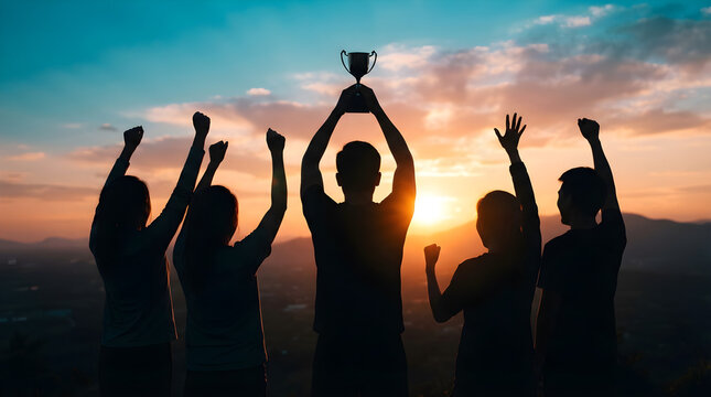team celebrating victory with trophy at sunset