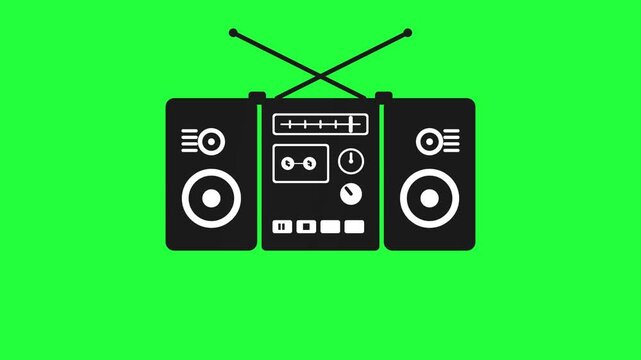 Retro Vintage Boombox Cassette Player Icon Animation on Green Screen Chroma Key 80s 90s Music Style Radio Illustration