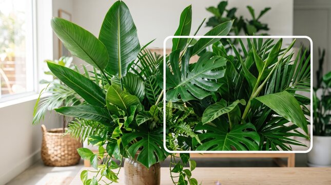 Lush tropical houseplants arrangement in ceramic pot, vibrant green monstera and palm leaves, indoor jungle aesthetic, modern home decoration style, natural air purifying elements