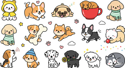 Fototapeta premium Cute Cartoon Puppy and Kitten Collection with Playful Pets, Sleeping Animals, Costumes, Toys, and Adorable Expressions for Pet Designs