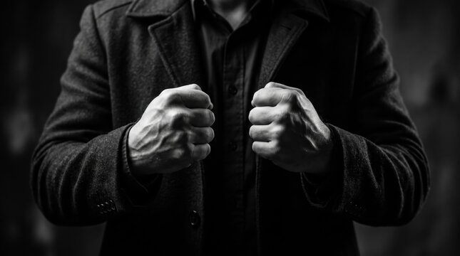 Close up of man clenched fists showing anger and stress, black and white photography, emotional, frustration, aggression, conflict, tension, mental health issues, anxiety