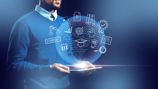 E learning and technology connect through digital tools and user interaction in a modern setting
