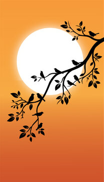 Minimalist Birds Silhouette on Tree Branch with Sunset Sun Vector Background.