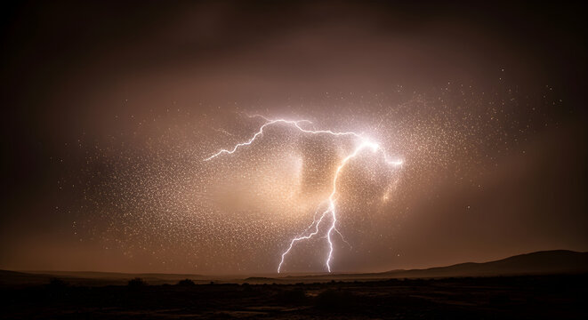 Dramatic lightning bolt striking the desert ground during a powerful night storm