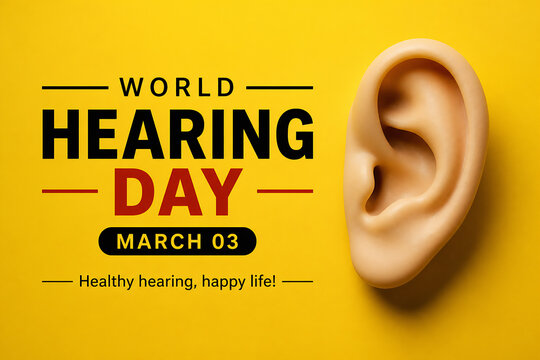 A graphic celebrating World Hearing Day with the text and an illustration of a human ear on a yellow background.