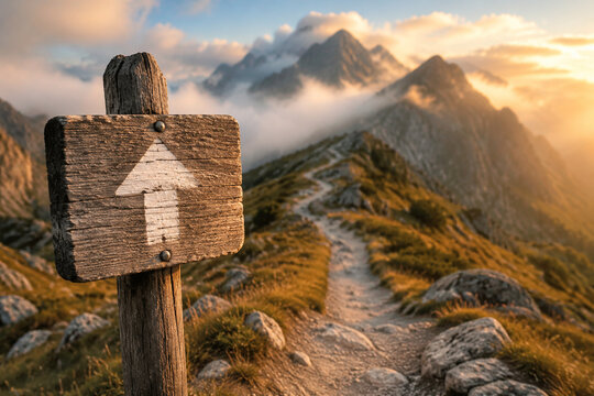Weathered wooden signpost with an arrow at the start of a winding mountain trail.