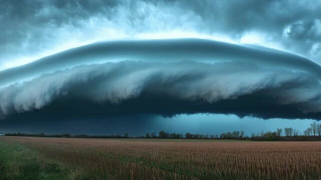 Looming Shelf Cloud and Dark Stormy Sky over Rural Field