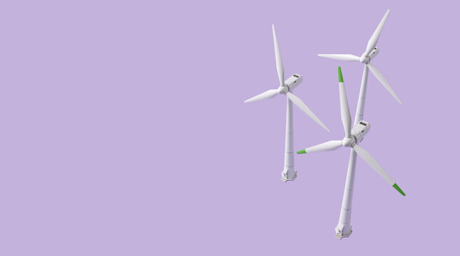 Three wind turbines on a solid purple background