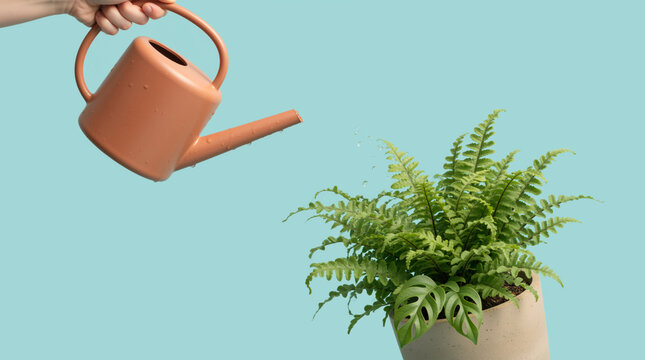 Hand watering a green potted plant with a terracotta watering can