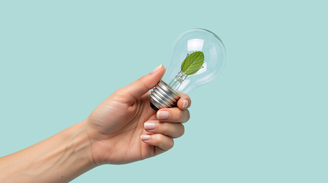 Woman's hand holding a light bulb with a green leaf inside