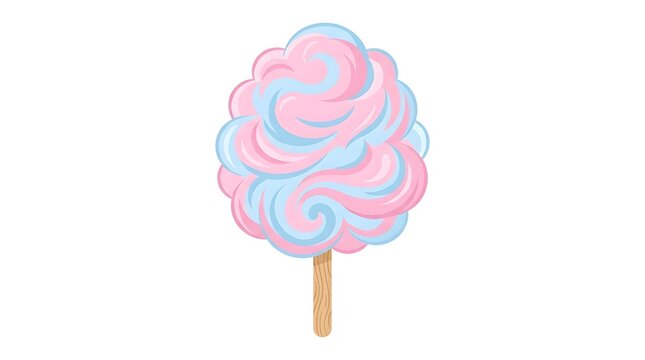 Sweet pastel cotton candy on a wooden stick isolated on white background
